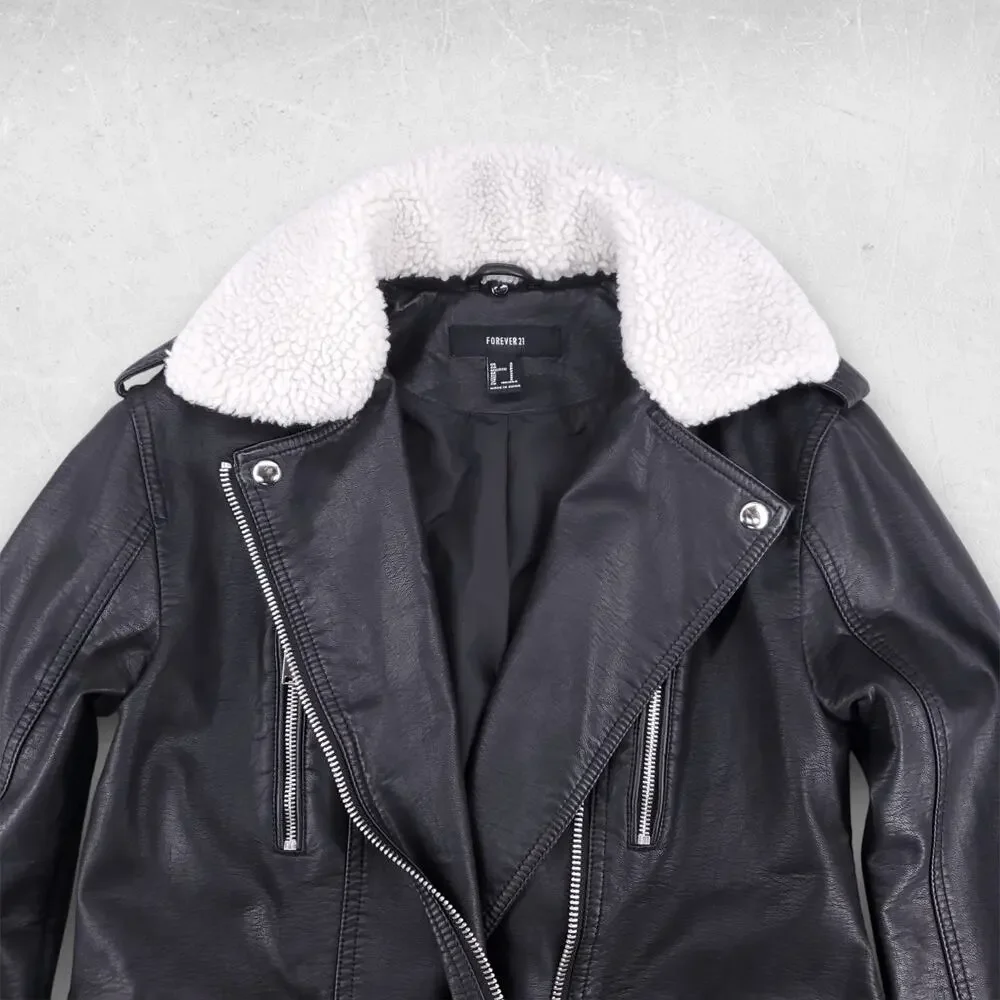 Forever 21 Biker Jacket Women S Black‎ Faux Leather Removable Sherpa Grunge Y2K
